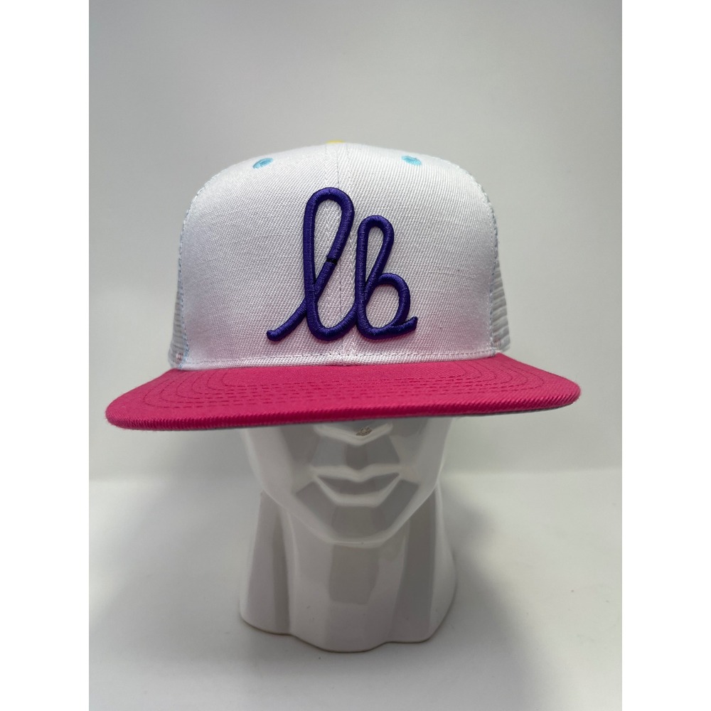 Mana Pono Live Pono Trucker Hat White Pink Holographic LB Script Snapback Cap